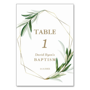 Elegant Watercolour Olive Leaves Gold Baptism  Table Number