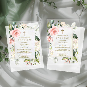 Elegant Watercolour Pink Cream Flowers Baptism Acrylic Invitations