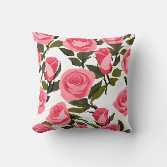 Elegant Watercolour Pink Rose Bouquet Throw Pillow (Front)