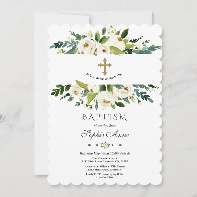 Elegant Watercolour White Floral Peonies Baptism Invitation (Front)