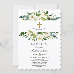 Elegant Watercolour White Floral Peonies Baptism Invitation