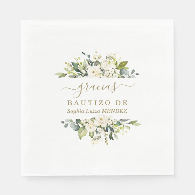 Elegant Watercolour White Flowers Spanish Bautizo Napkin (Front)
