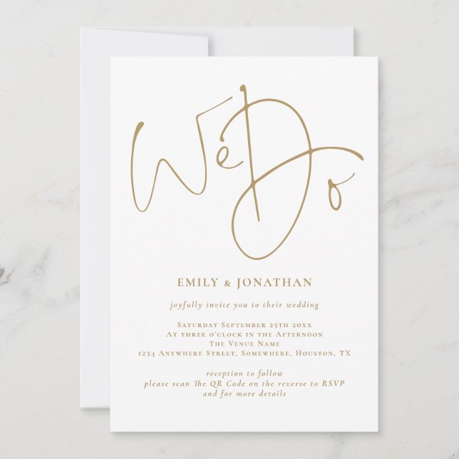 Elegant We Do Gold Script QR Code Wedding Invitation (Front)
