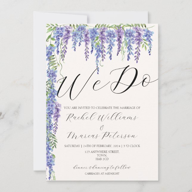 Elegant We Do Purple Wisteria Floral Wedding Invitation (Front)