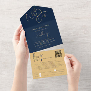 Elegant We Do QR Code Navy Gold Wedding All In One Invitation