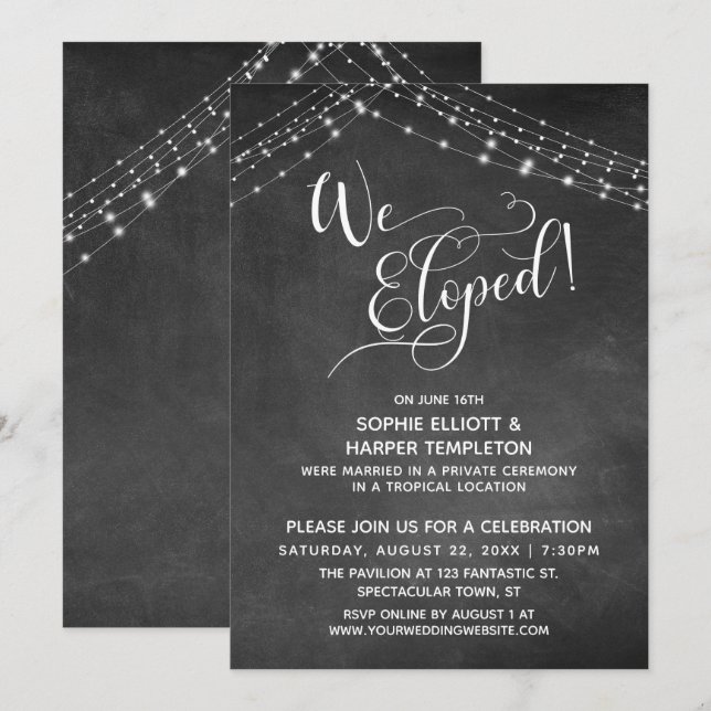 Elegant We Eloped Typography & Lights, Chalkboard Invitation (Front/Back)