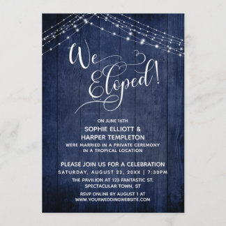 Elegant We Eloped Typography & Lights, Navy Wood Invitation