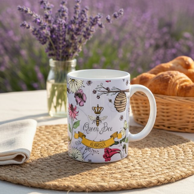 Elegant We Love You Floral Queen Bee Photo Mug (Elegant Floral Queen Bee & Gold Crown Lavender Mug. Queen Bee, Beehive, Honeybees & Sumer Flowers)