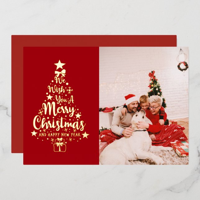 Elegant We wish you a Merry Christmas Family photo Foil Holiday Card (Front/Back)