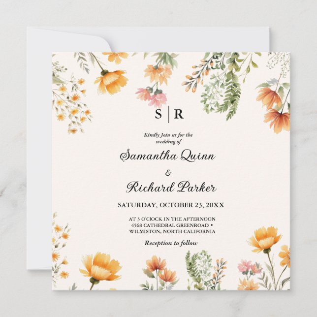 Elegant Weadow Wildflower monogram Wedding Invitation (Front)