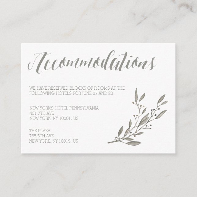 Elegant Wedding Accommodation Cards Grey Floral (Front)