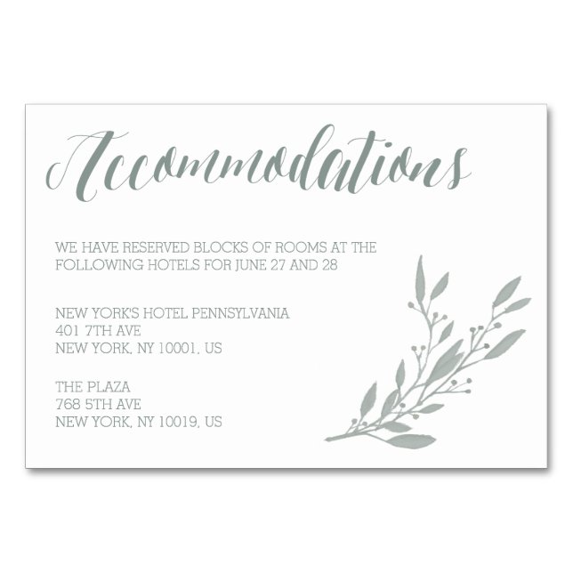 Elegant Wedding Accommodation Cards Sage (Front)