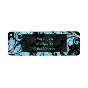 Elegant Wedding Address Blue Floral Glitter Swirl