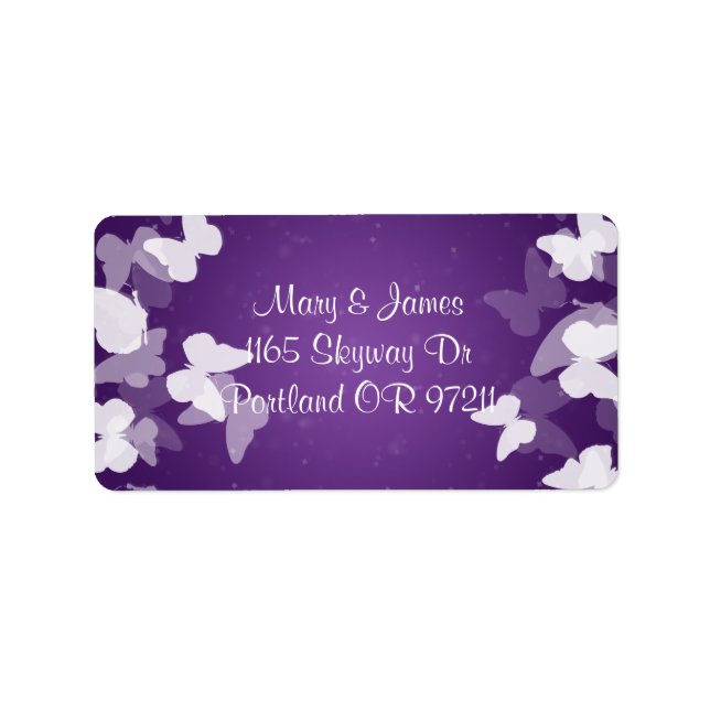 Elegant Wedding Address Elusive Butterflies Purple Label (Front)