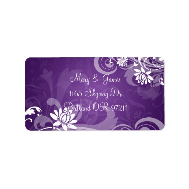Elegant Wedding Address Floral Swirls Purple Label (Front)