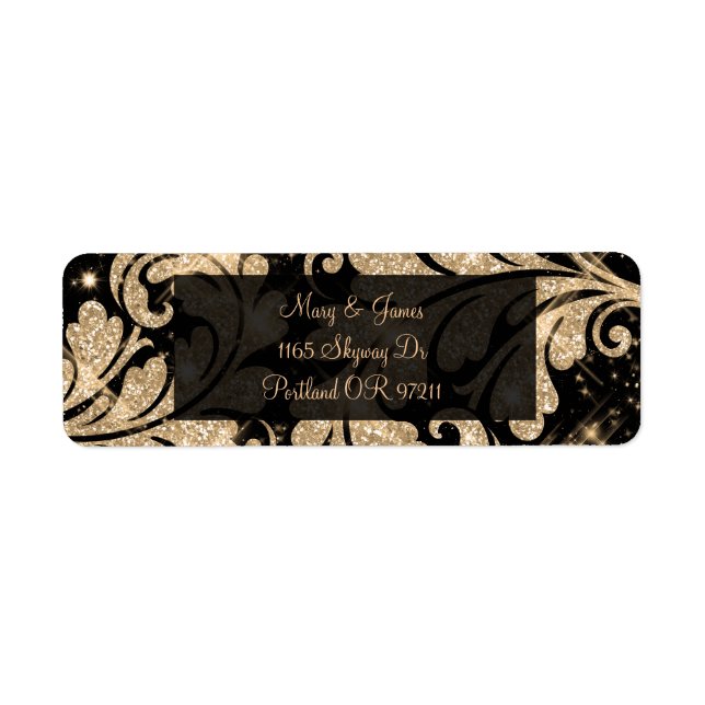 Elegant Wedding Address Gold Floral Glitter Swirl (Front)