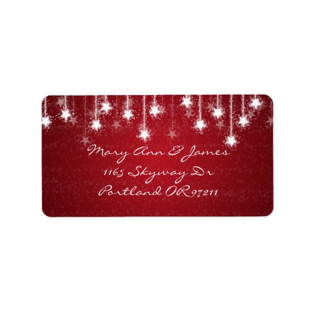 Elegant Wedding Address Shimmering Stars Red Label (Front)