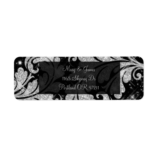 Elegant Wedding Address Silver Glitter Swirl (Front)