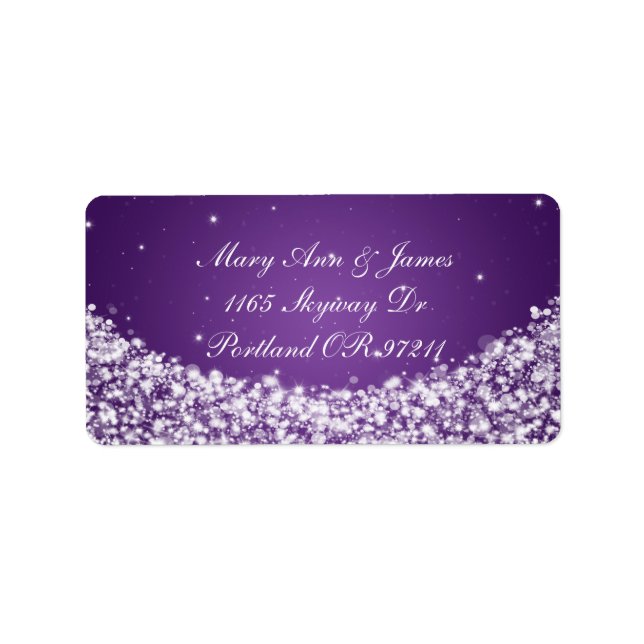 Elegant Wedding Address Star Sparkle Purple Label (Front)