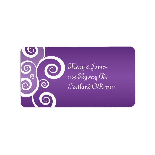 Elegant Wedding Address White Swirls Purple Label (Front)