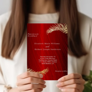 Elegant Wedding and RSVP Ruby Red Gold Leaves  Foil Invitation Postcard