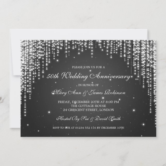Elegant Wedding Anniversary Night Dazzle Black Invitation (Front)