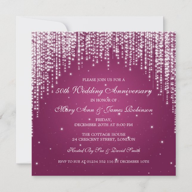 Elegant Wedding Anniversary Night Dazzle Pink Invitation (Front)
