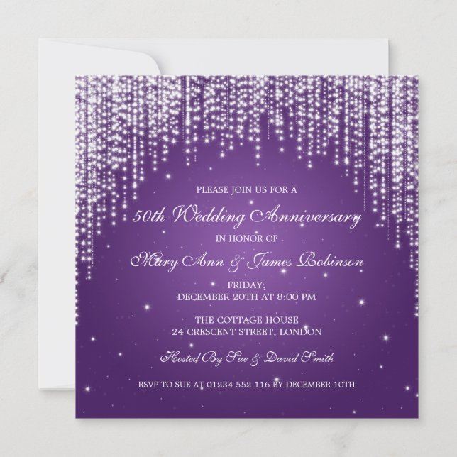 Elegant Wedding Anniversary Night Dazzle Purple Invitation (Front)