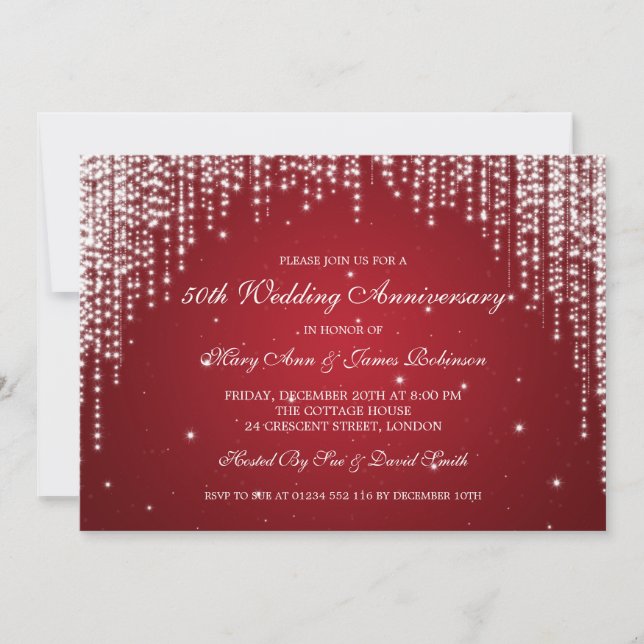 Elegant Wedding Anniversary Night Dazzle Red Invitation (Front)