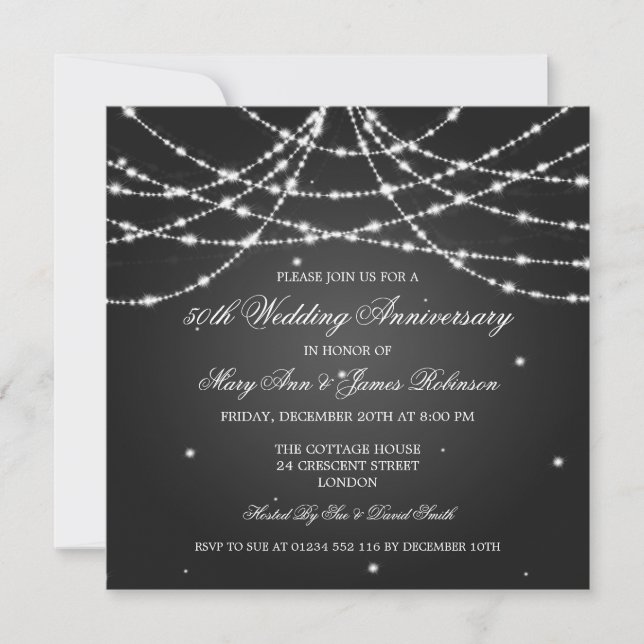 Elegant Wedding Anniversary String Of Stars Black Invitation (Front)