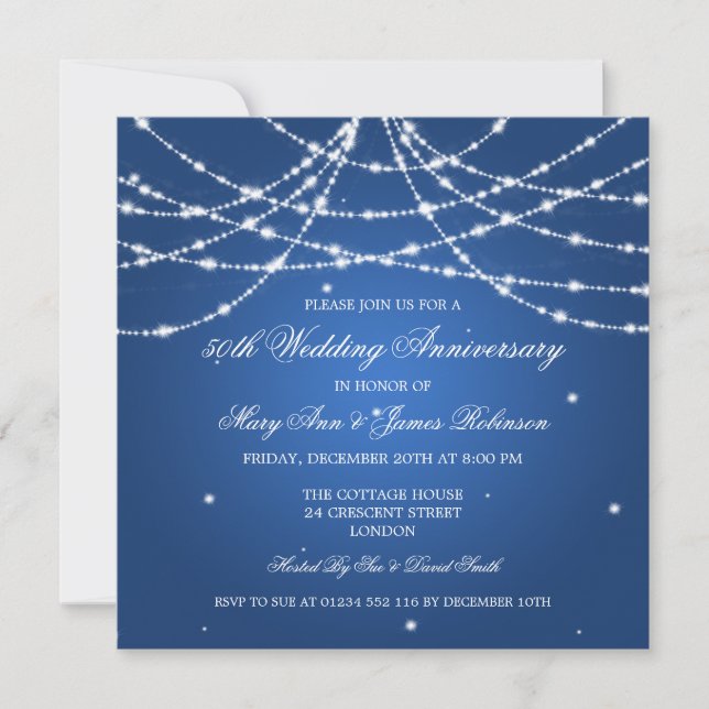 Elegant Wedding Anniversary String Of Stars Blue Invitation (Front)