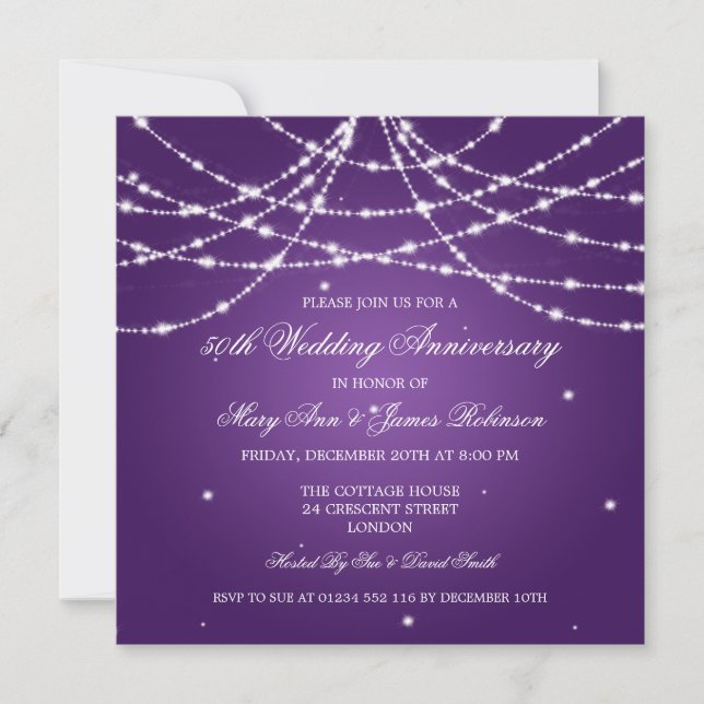 Elegant Wedding Anniversary String Of Stars Purple Invitation (Front)