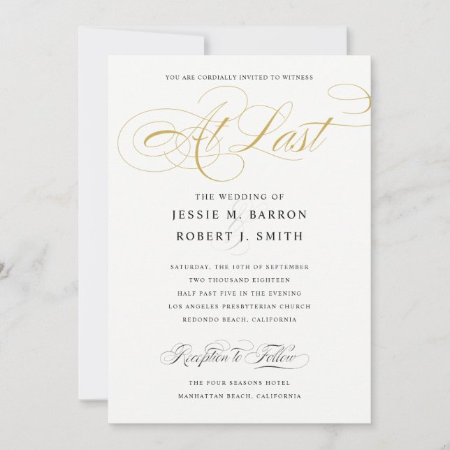 Elegant Wedding At Last Gold Calligraphy Invitation (Front)