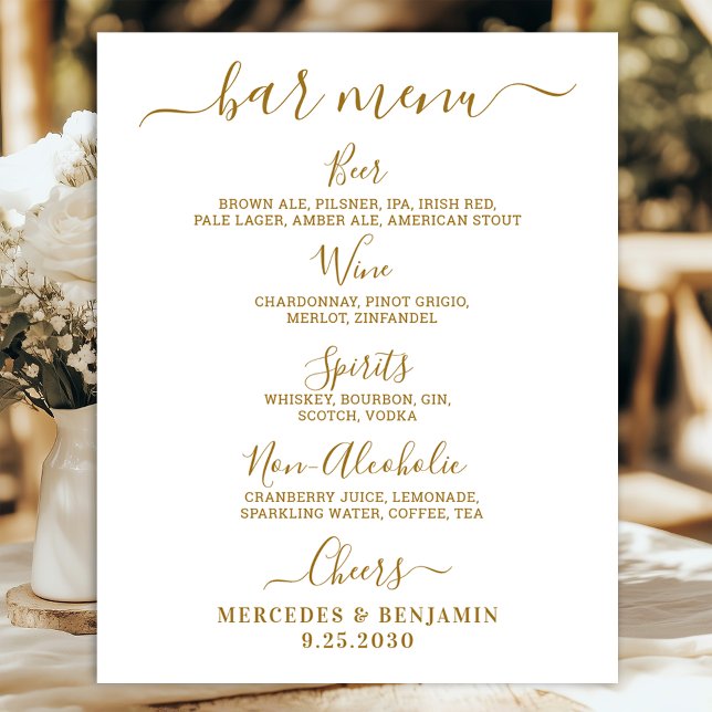 Elegant Wedding Bar Gold Personalised Drink Menu  Poster (Creator Uploaded)