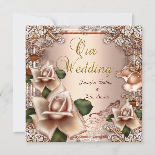 Elegant Wedding Beige Cream Gold Rose Invitation (Front)