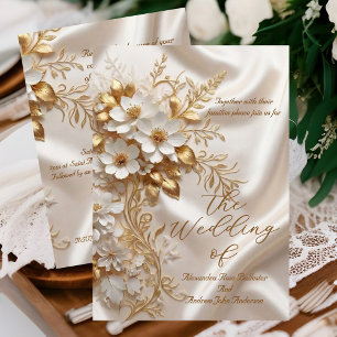 Elegant Wedding Beige White Gold Floral Silk Invitation