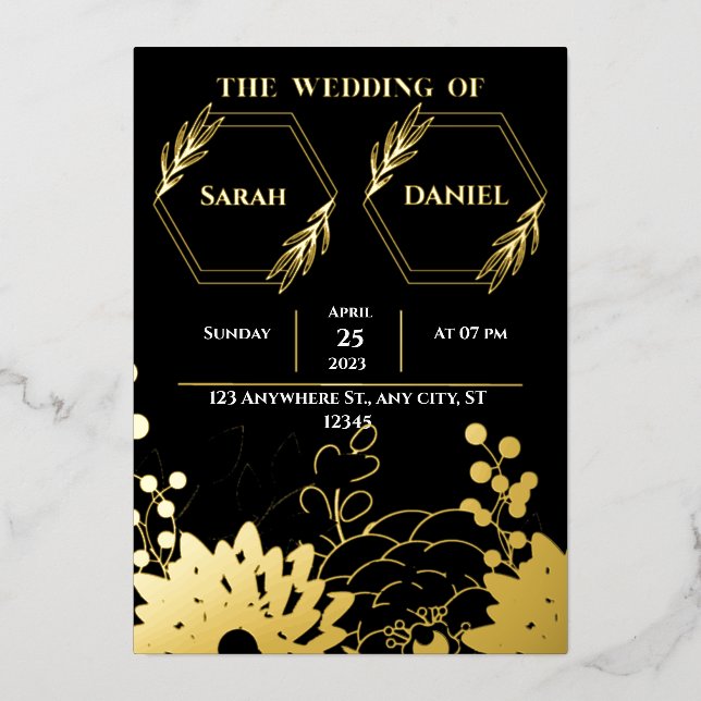 Elegant Wedding Black and Gold Foil Invitation (Front)