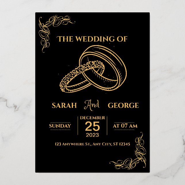Elegant Wedding Black and Gold Foil Invitation (Front)