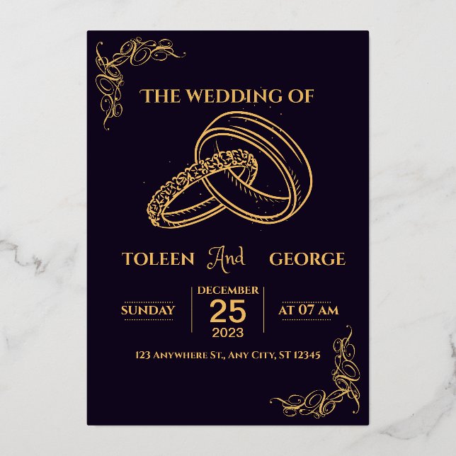 Elegant Wedding Black and Gold Foil Invitation (Front)