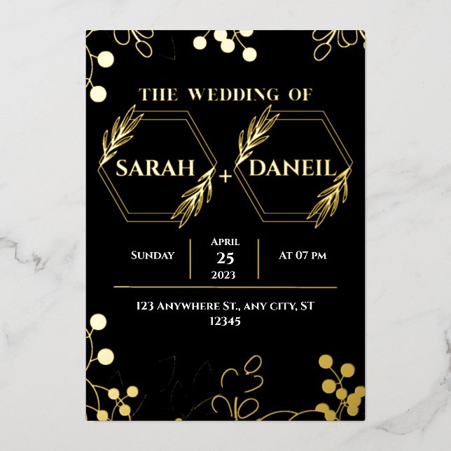 Elegant Wedding Black and Gold Foil Invitation (Front)