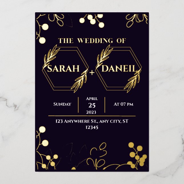 Elegant Wedding Black and Gold Foil Invitation (Front)