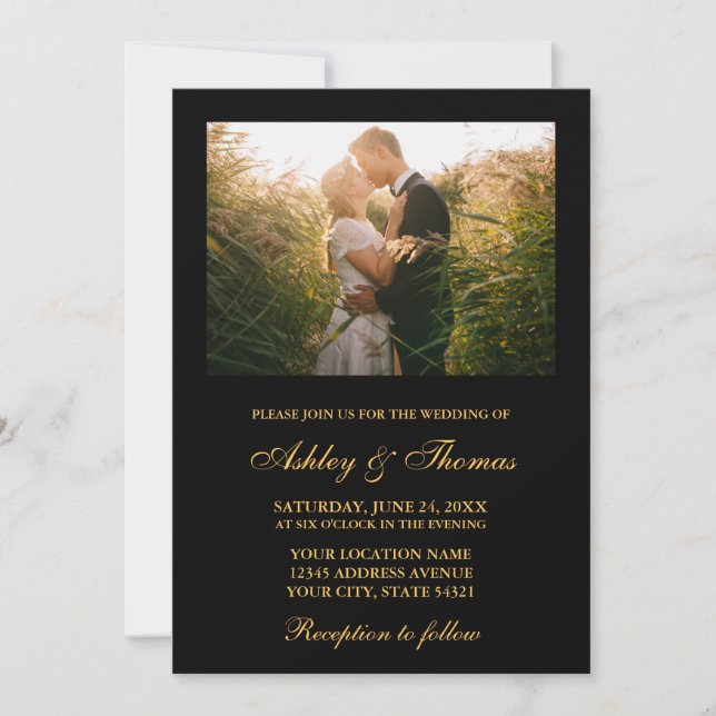 Elegant Wedding Black and Gold Photo Invitation (Front)