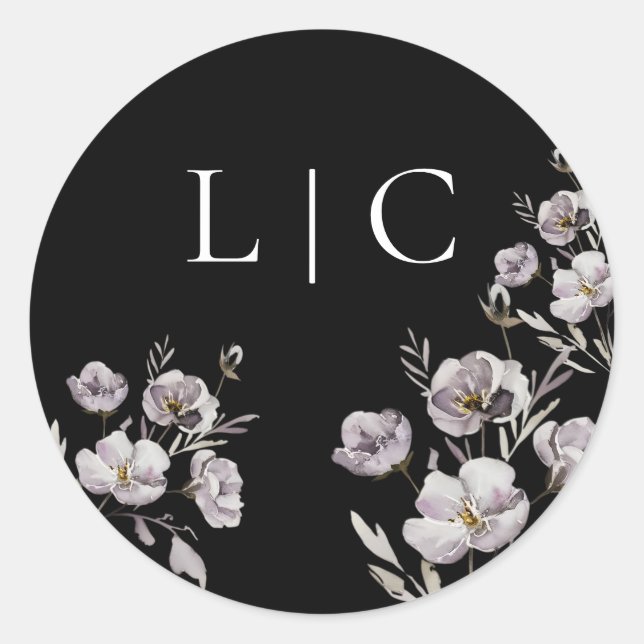 Elegant wedding black watercolor flower classic round sticker (Front)