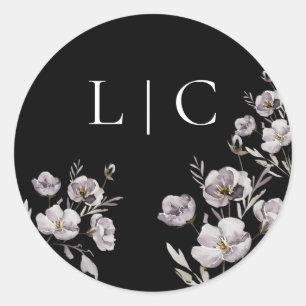 Elegant wedding black watercolor flower classic round sticker