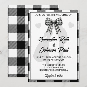 Elegant Wedding Black & White Gingham Bow Invitation