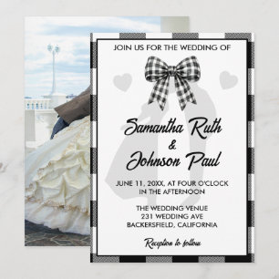 Elegant Wedding Black & White Gingham Bow Photo Invitation