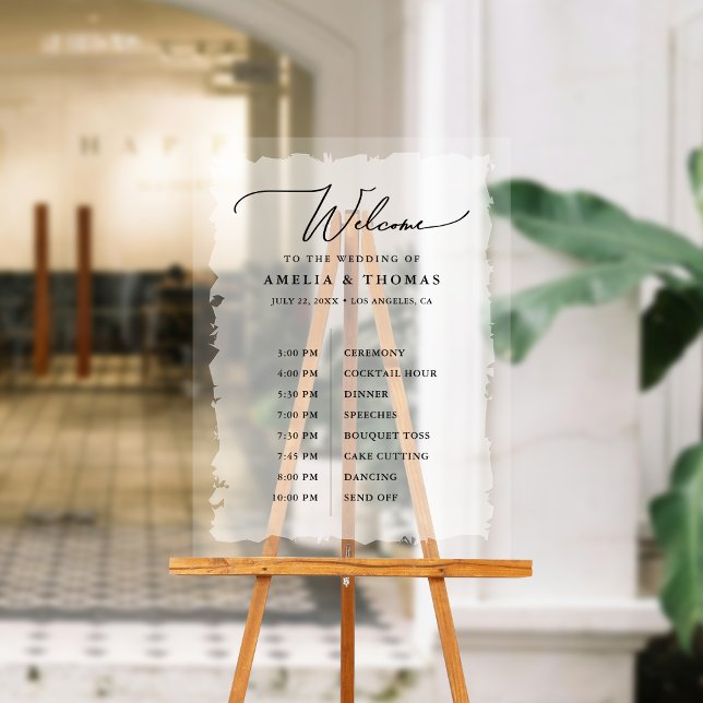 Elegant Wedding Black | White Welcome and Timeline Acrylic Sign (Welcome your guests with our elegant acrylic sign that greets them and displays your event timeline.)