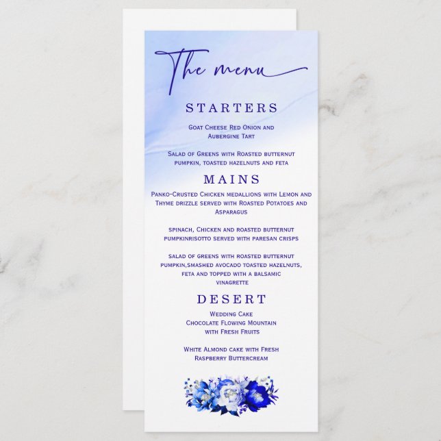 Elegant Wedding Blue and Silver Menu (Front/Back)