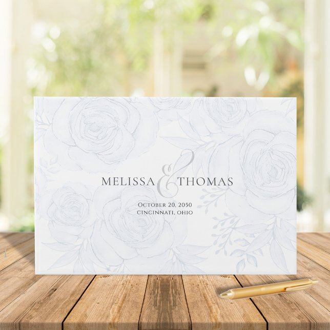 Elegant Wedding Blue Floral Boho Greenery Simple Guest Book (Elegant wedding guest book with blue floral calligraphy ampersand.)
