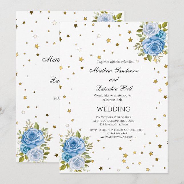 Elegant Wedding Blue flowers gold stars Invitation (Front/Back)